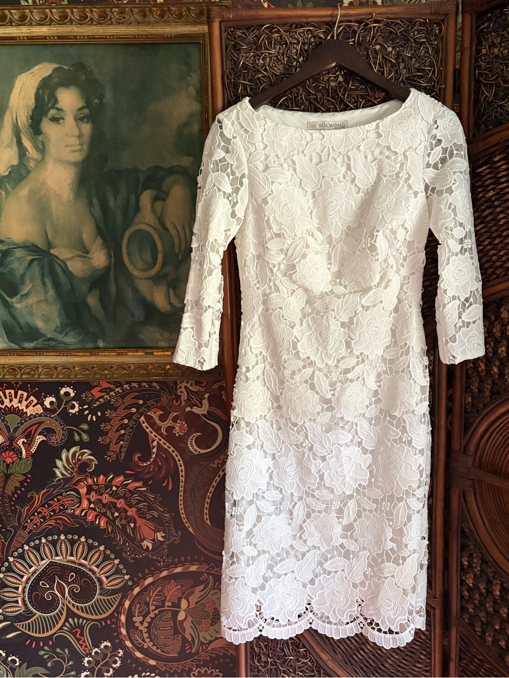 Sue Wong Lace Cocktail Dress White Floral Embroidered Sheath Size 8